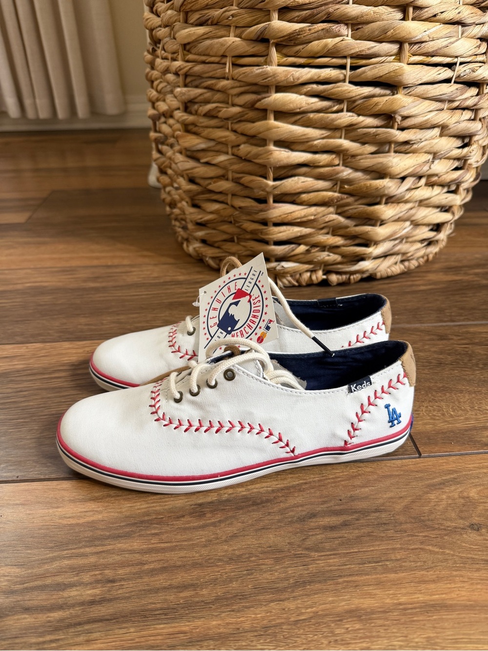 Keds White Canvas Sneakers with Red Stitching & Blue LA Logo